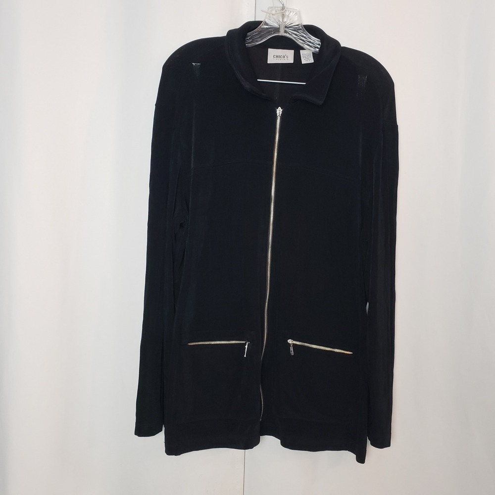 Chicos Travelers Slinky Black Ribbed Full Zip Light Weight Jacket Size 3 (XL)